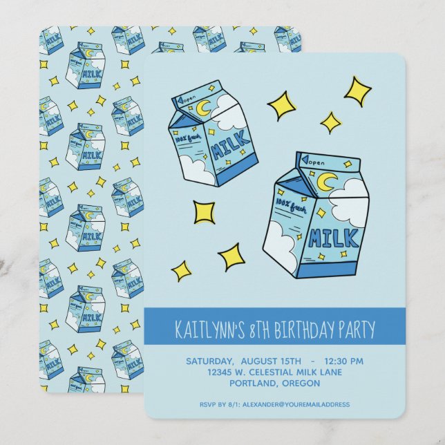 Invitación Fiesta de Cumpleaños de Leche Azul Celestial (Anverso / Reverso)