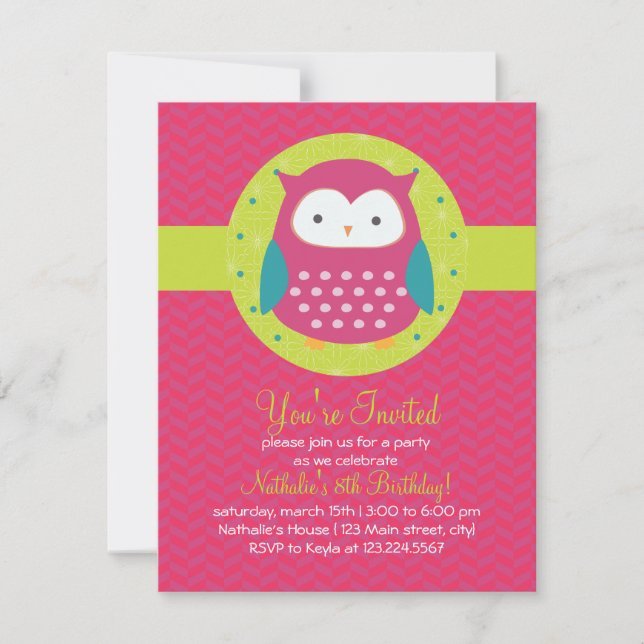 Invitación Fiesta de cumpleaños de lechuza morada y verde (Anverso)