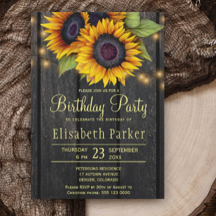 Invitación Fiesta de cumpleaños de leña rústica con girasoles