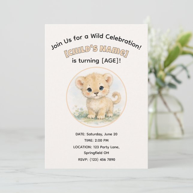 Invitación Fiesta de Cumpleaños de León de Safari en Acuarela (Anverso de pie)