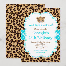 Invitación Fiesta de cumpleaños de Leopard Print Blue Quatref