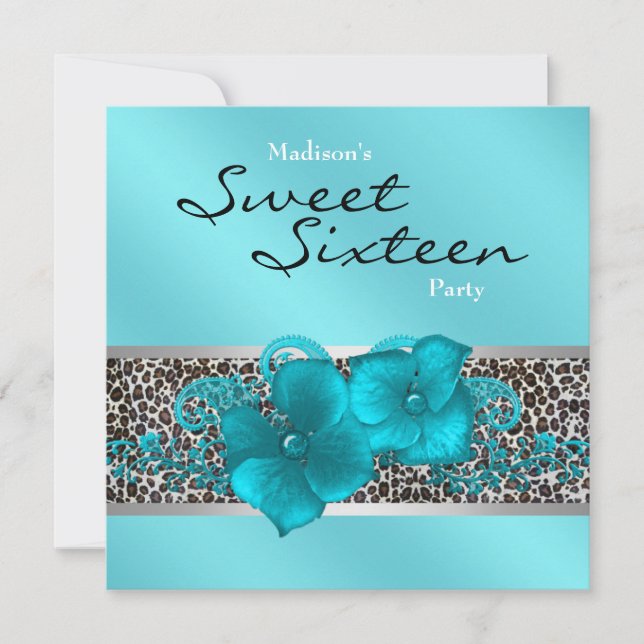 Invitación Fiesta de cumpleaños de leopardo azul teal negro (Anverso)
