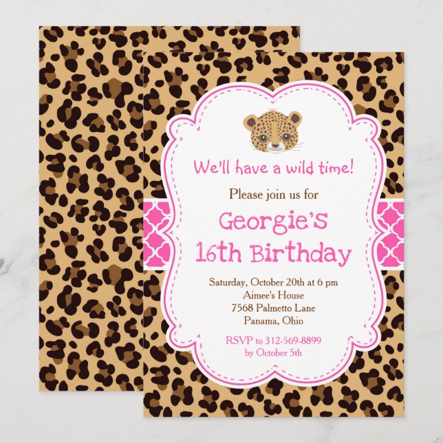 Invitación Fiesta de cumpleaños de leopardo Print Pink Quatre (Anverso / Reverso)