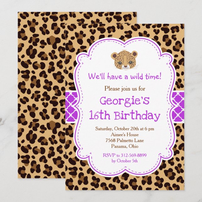 Invitación Fiesta de cumpleaños de leopardo Print Purple Quat (Anverso / Reverso)