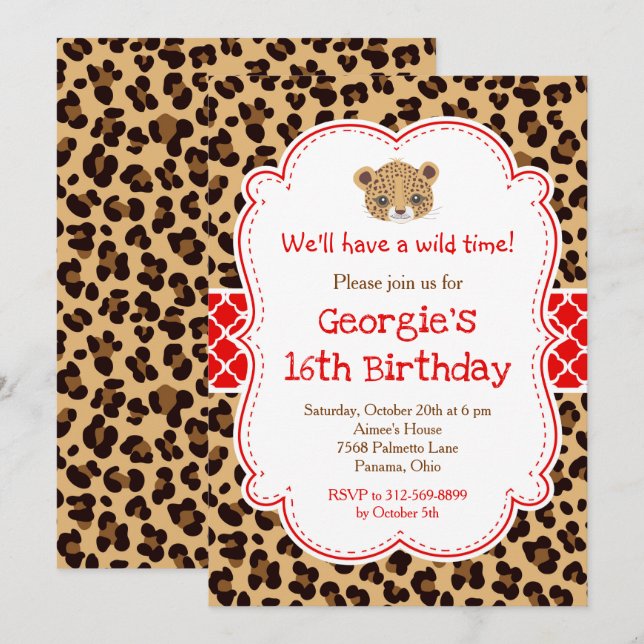 Invitación Fiesta de cumpleaños de leopardo Print Red Quatref (Anverso / Reverso)