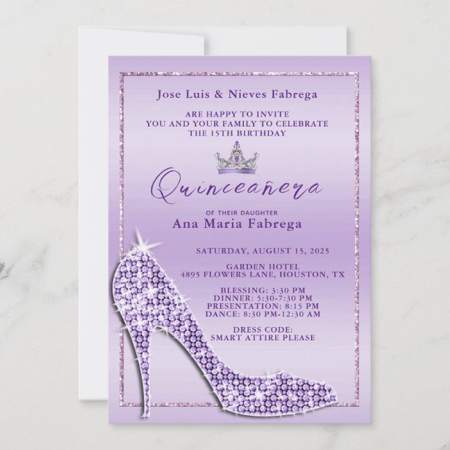 Invitación Fiesta de cumpleaños de Lilac Stiletto Quinceañera (Anverso)
