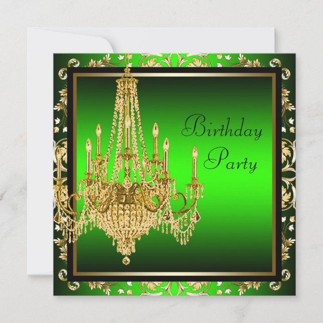 Invitación Fiesta de cumpleaños de Lime Green Gold Damask Cha (Anverso)