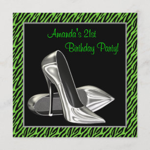 Invitación Fiesta de cumpleaños de Lime Green Zebra High Heel