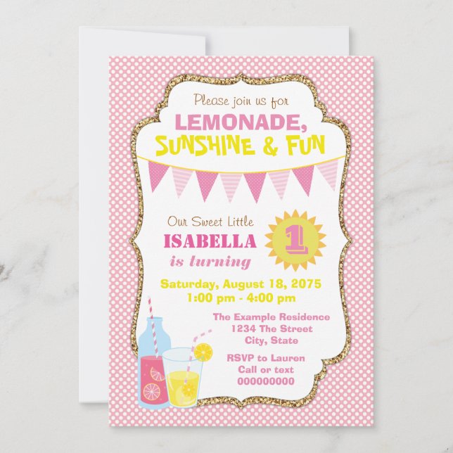 Invitación Fiesta de Cumpleaños de Limonada Rosa (Anverso)