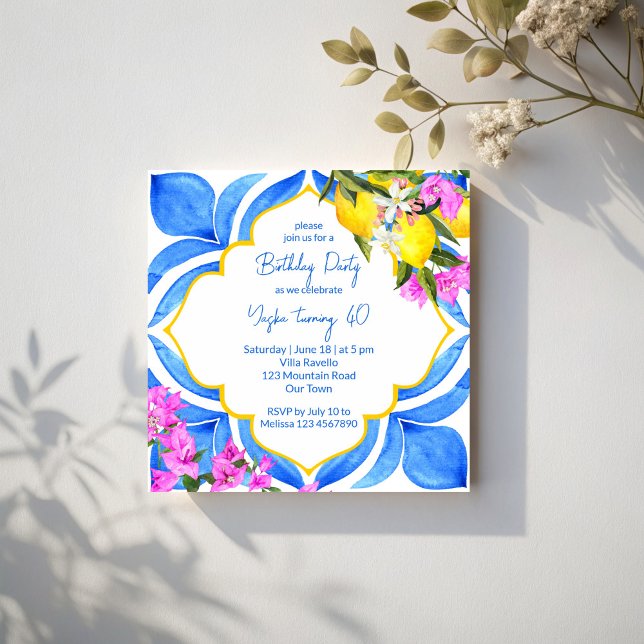 Invitación fiesta de cumpleaños de limones de azulejos de mal (Mediterranean blue Majolica tiles lemons bougainvillea  birthday party Invitation template)