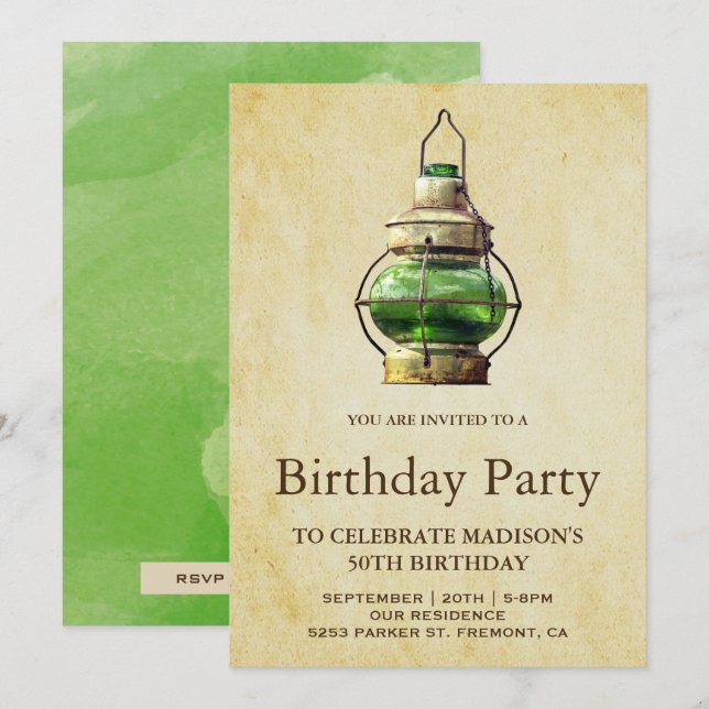 Invitación Fiesta de cumpleaños de linterna verde rústica vin (Anverso / Reverso)