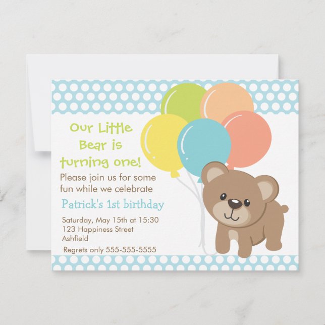 Invitación Fiesta de cumpleaños de Little Bear and Balloons (Anverso)
