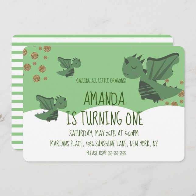 Invitación Fiesta de Cumpleaños de Little Dragons Glitter y C (Anverso / Reverso)