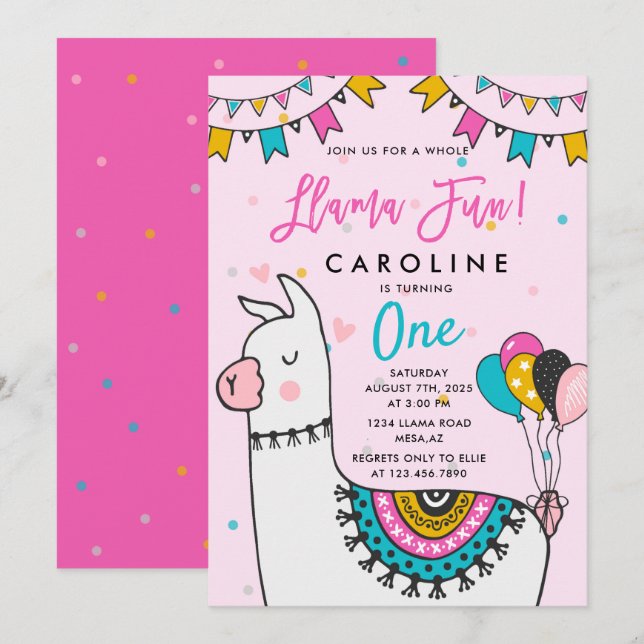 Invitación Fiesta de cumpleaños de Llama (Anverso / Reverso)