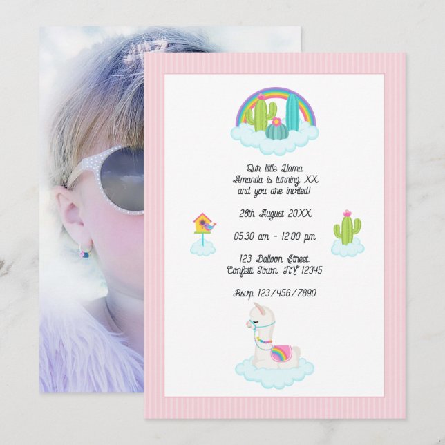 Invitación Fiesta de Cumpleaños de Llama Caprichosa y Niños A (Anverso / Reverso)