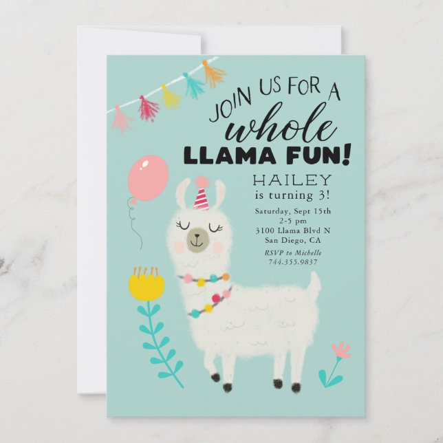 Invitación Fiesta de cumpleaños de Llama completa (Anverso)