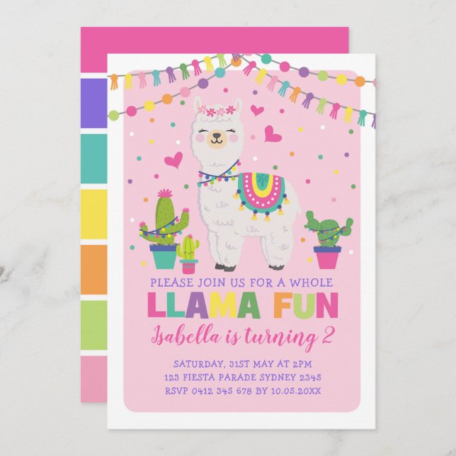 Invitación Fiesta de cumpleaños de Llama Rosa Girly Llama Div (Anverso / Reverso)