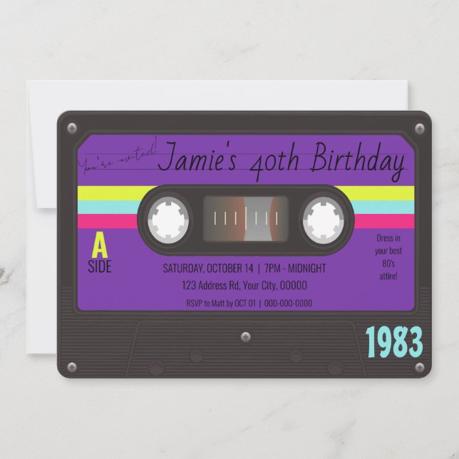 Invitación Fiesta de cumpleaños de los 80, cinta retro Casset (Anverso)