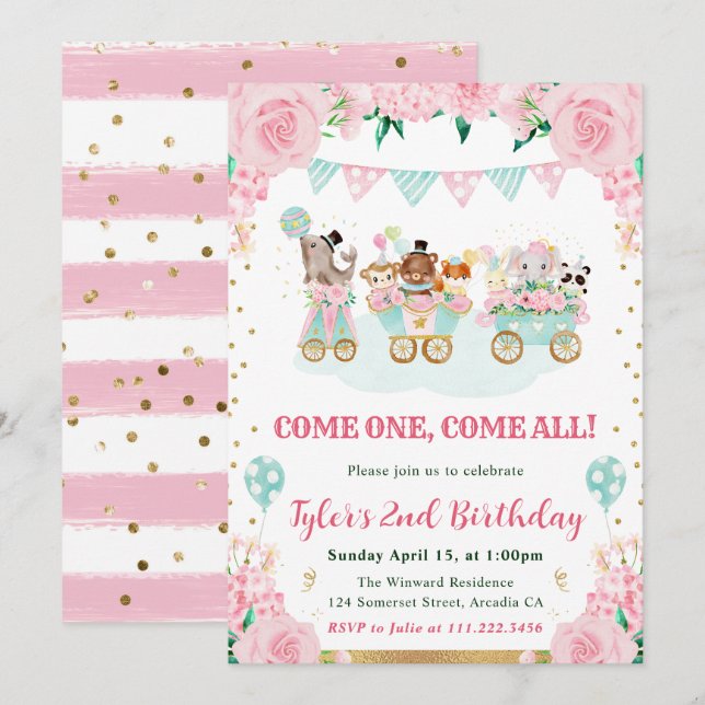 Invitación Fiesta de cumpleaños de los animales del circo ros (Anverso / Reverso)