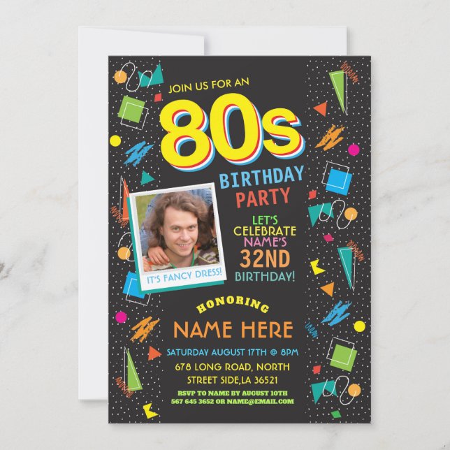 Invitación Fiesta de cumpleaños de los años 80 (Anverso)