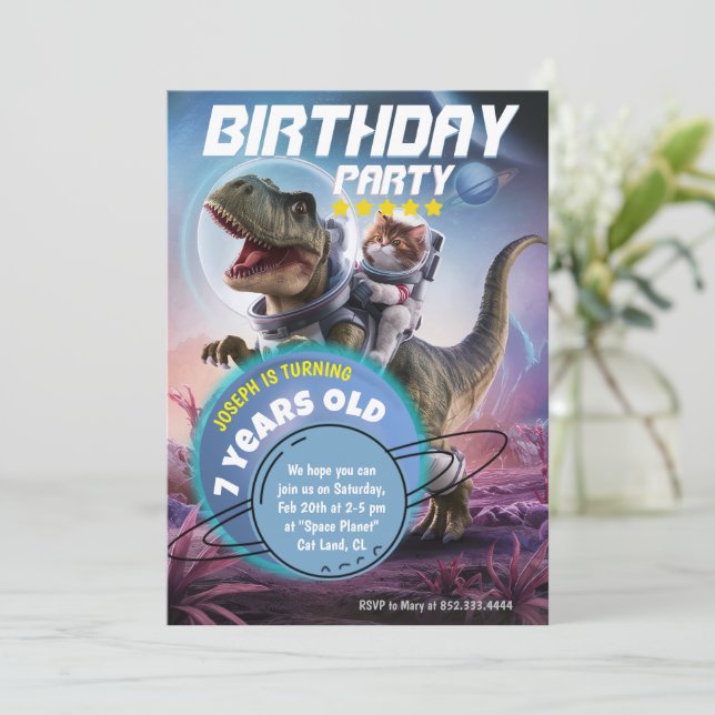 Invitación Fiesta de cumpleaños de los astronautas de dinosau (Anverso de pie)