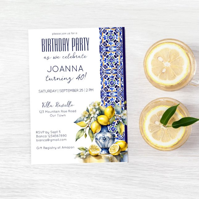 Invitación Fiesta de cumpleaños de los azulejos azules de Ama (Italian themed blue tiles and lemons birthday party editable template invitation instant download)