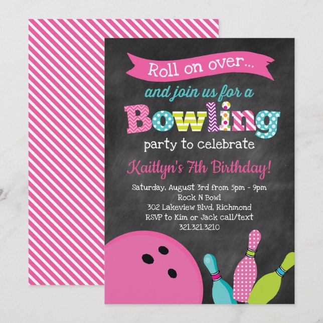 Invitación Fiesta de cumpleaños de los bolos del chica - (Anverso / Reverso)