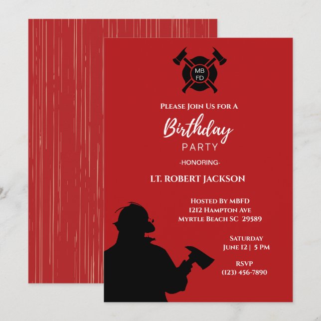 Invitación Fiesta de cumpleaños de los bomberos negros rojos (Anverso / Reverso)
