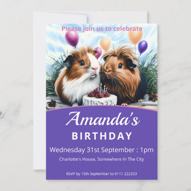 Invitación Fiesta de cumpleaños de los cerdos de Guinea (Anverso)