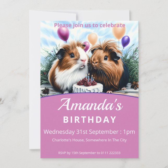 Invitación Fiesta de cumpleaños de los cerdos de Guinea (Anverso)