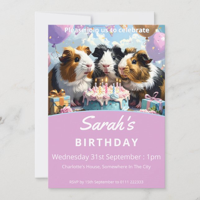 Invitación Fiesta de cumpleaños de los cerdos de Guinea (Anverso)