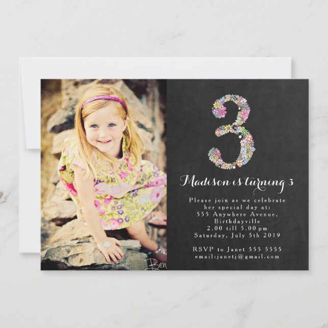 Invitación Fiesta de cumpleaños de los chicas florales de la (Anverso)