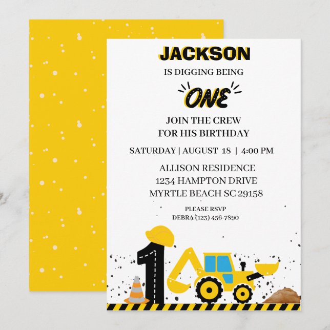 Invitación Fiesta de cumpleaños de los chicos de construcción (Anverso / Reverso)