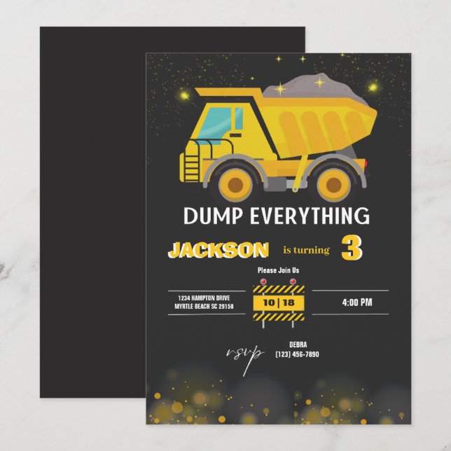 Invitación Fiesta de cumpleaños de los chicos de la construcc (Anverso / Reverso)