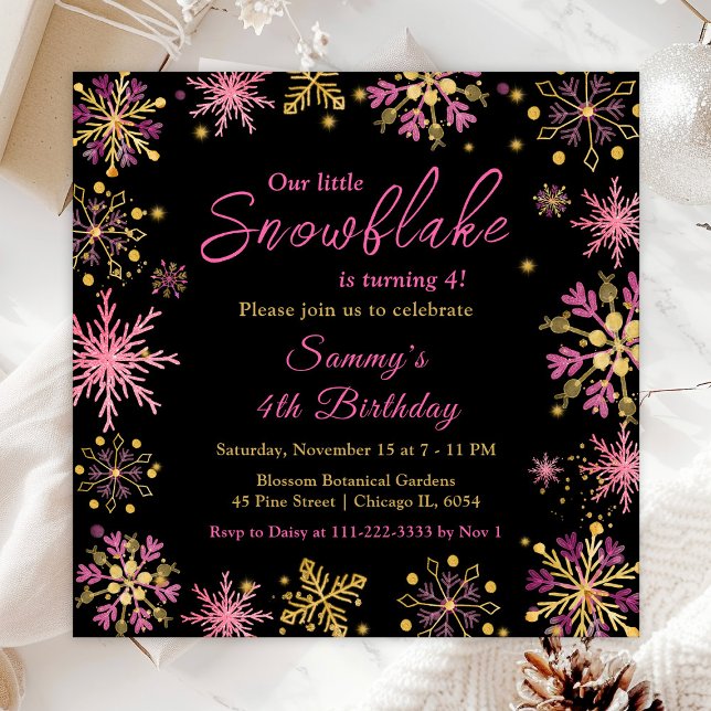 Invitación Fiesta de cumpleaños de los copos de nieve de oro  (Subido por el creador)