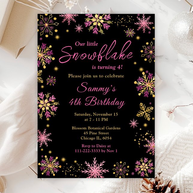 Invitación Fiesta de cumpleaños de los copos de nieve de oro  (Subido por el creador)