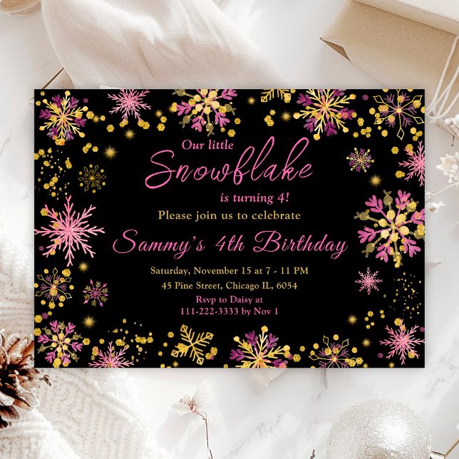 Invitación Fiesta de cumpleaños de los copos de nieve de oro  (Subido por el creador)