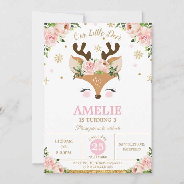 Invitación Fiesta de cumpleaños de los copos de nieve de oro  (Anverso)
