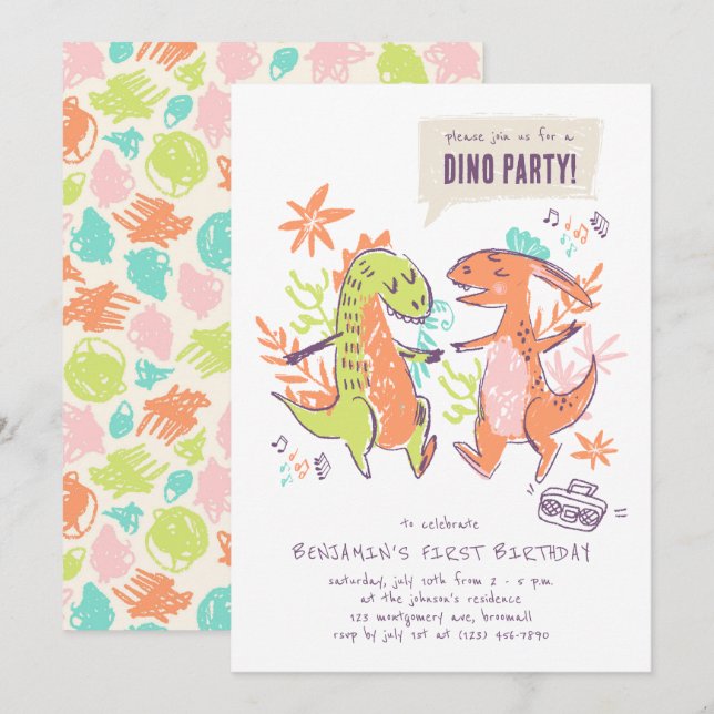Invitación Fiesta de cumpleaños de los dinosaurios (Anverso / Reverso)