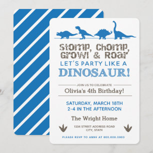 Invitación Fiesta de cumpleaños de los dinosaurios Blue Stomp