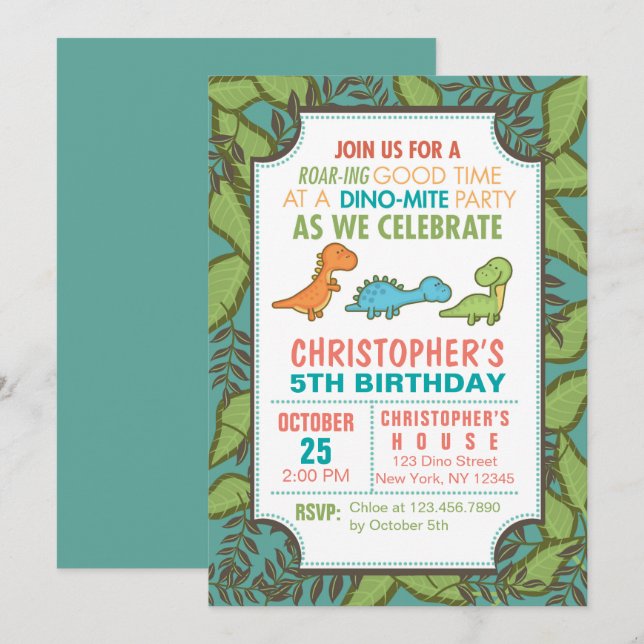 Invitación Fiesta de cumpleaños de los dinosaurios cutáneos (Anverso / Reverso)