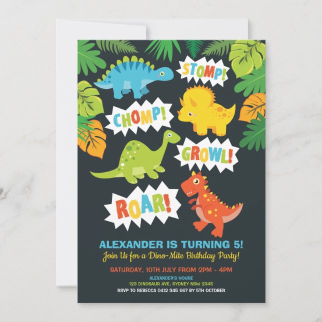 Invitación Fiesta de cumpleaños de los dinosaurios cutáneos D (Anverso)