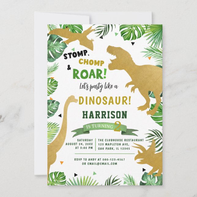 Invitación Fiesta de cumpleaños de los dinosaurios de la isla (Anverso)