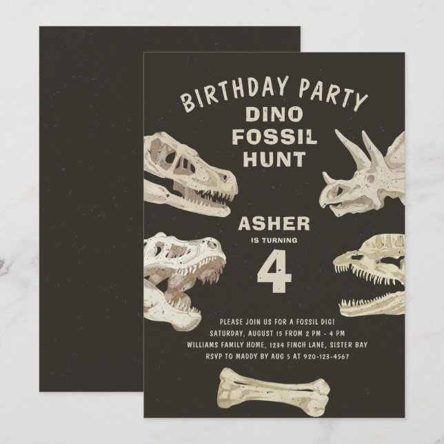 Invitación Fiesta de cumpleaños de los dinosaurios fósiles (Anverso / Reverso)