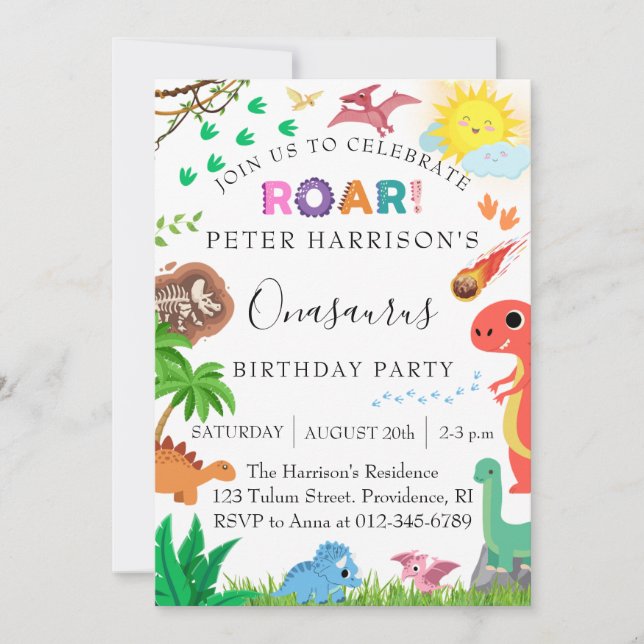Invitación Fiesta de cumpleaños de los dinosaurios Onasaurus (Anverso)