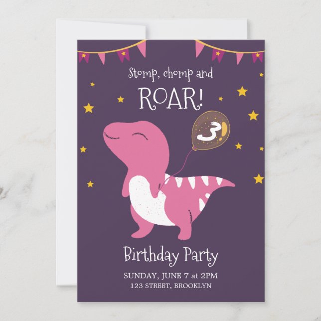 Invitación Fiesta De Cumpleaños De Los Dinosaurios Roares Púr (Anverso)