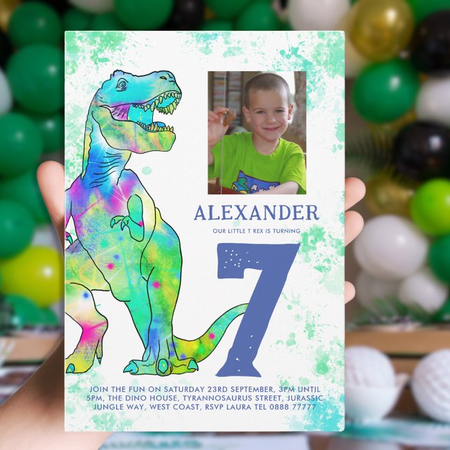 Invitación Fiesta de cumpleaños de los dinosaurios T-Rex (T-Rex Dinosaur 7th birthday party fun watercolor invitation with personalized photo)