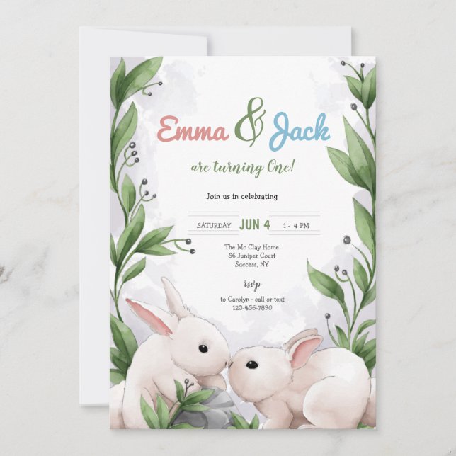 Invitación Fiesta de cumpleaños de los gemelos Bunnies (Anverso)