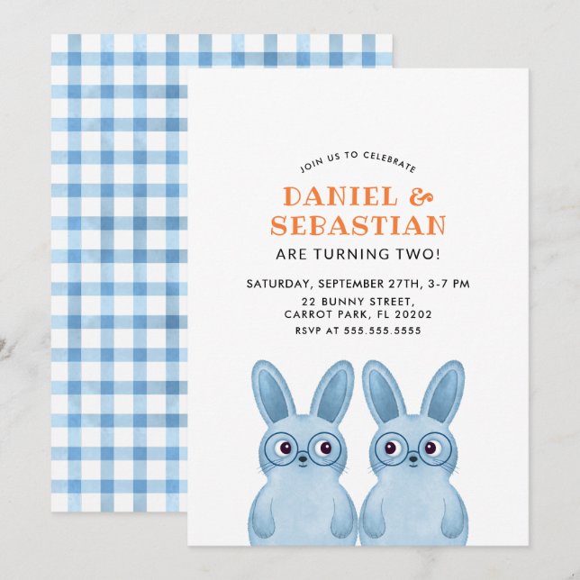 Invitación Fiesta de Cumpleaños de los Gemelos Bunny para Beb (Anverso / Reverso)