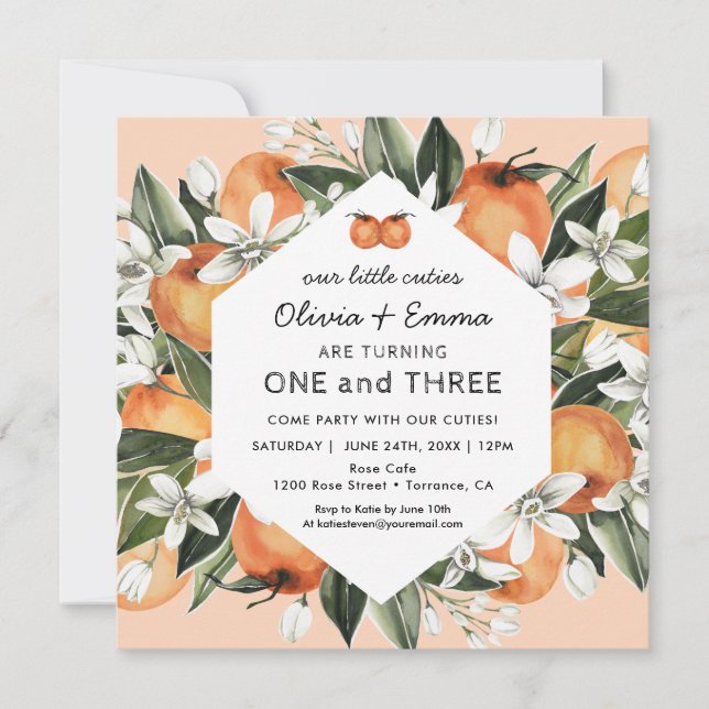 Invitación Fiesta de cumpleaños de los gemelos naranja Little (Anverso)